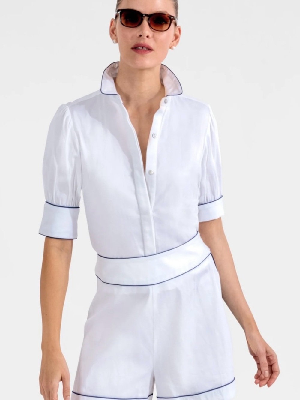 Gretchen Scott White Polo Top with Navy Piping